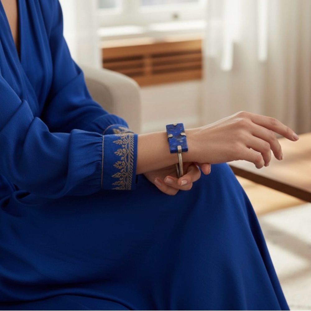 Vintage Lapis Lazuli Brass Cuff Bracelet Modernist Rectangular Stone - Picture 1 of 5